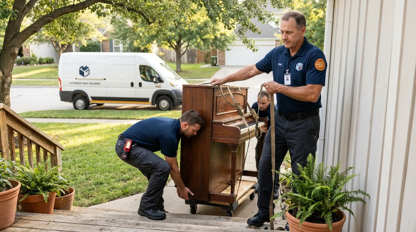 Licensed piano movers securing grand piano in Port Huron, MI