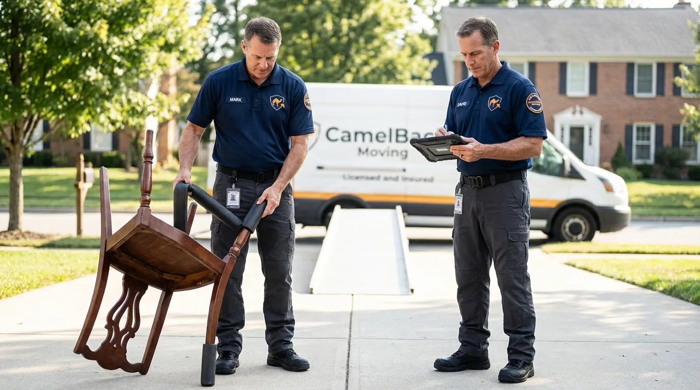 Movers inspecting furniture for damage prevention before loading in Port Huron, MI