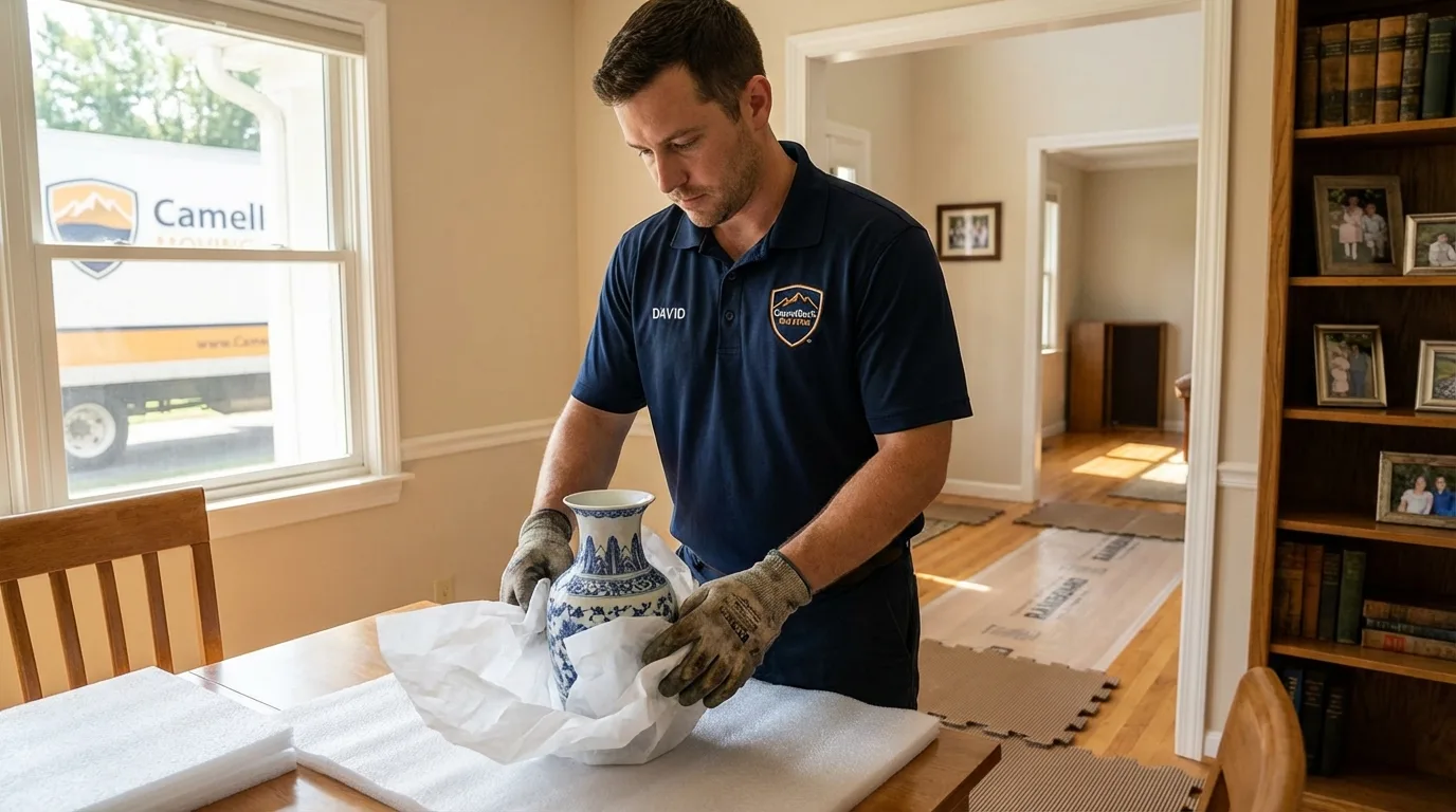 Professional crew carefully wrapping antique vase for senior downsizing move in Port Huron, MI